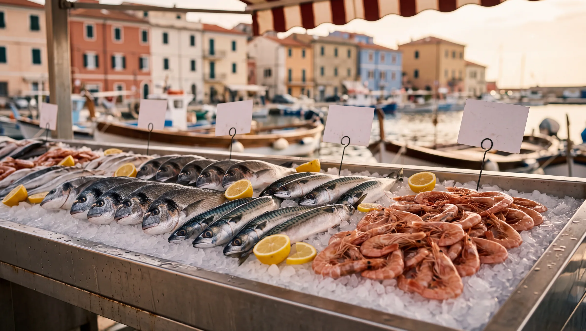 Il banco di una pescheria sul porto: orate, sgombri e gamberi sul ghiaccio, con i cartellini dei prezzi