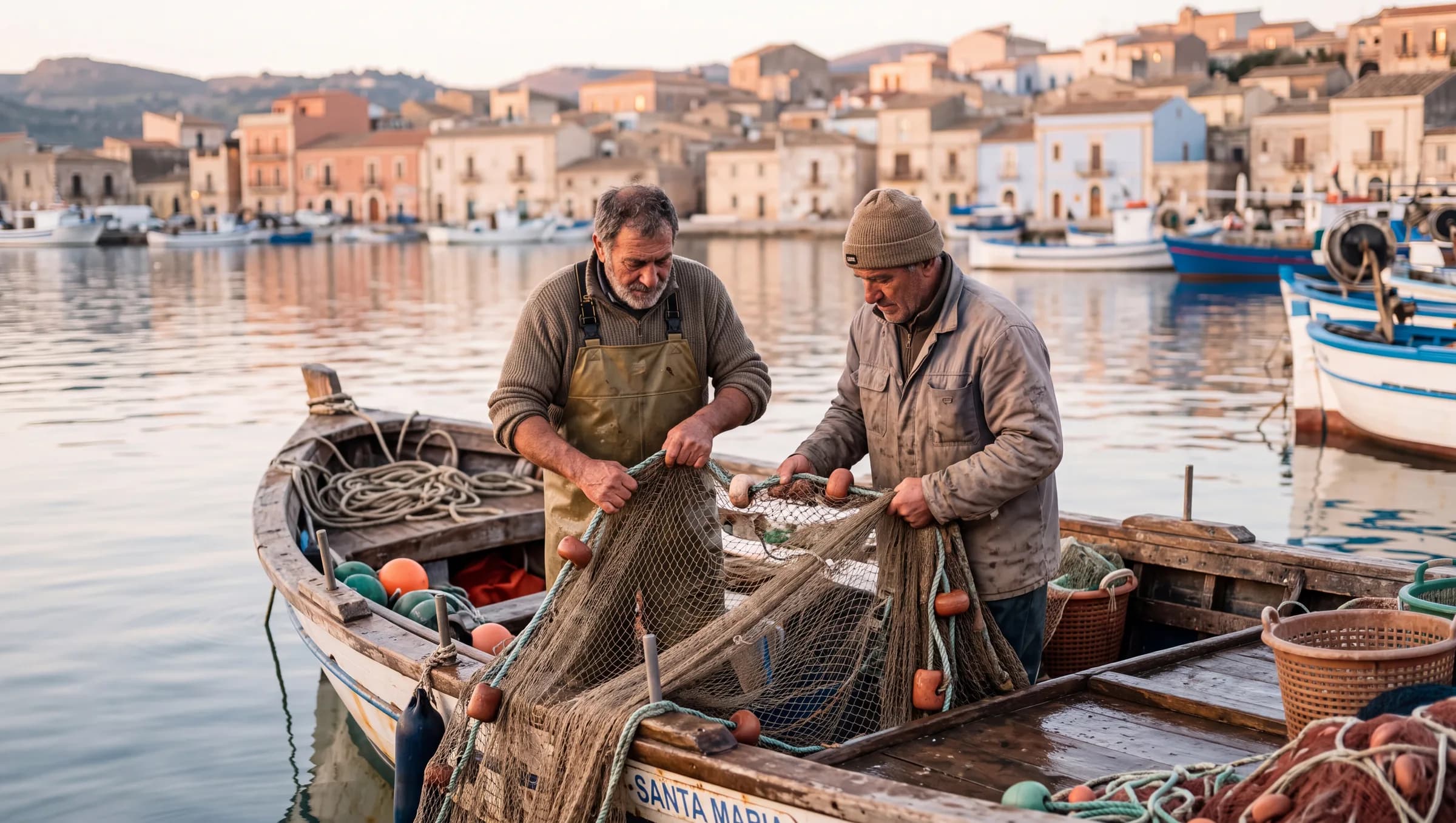 Due pescatori all'alba tirano a bordo le reti, nel porto di un paese di mare