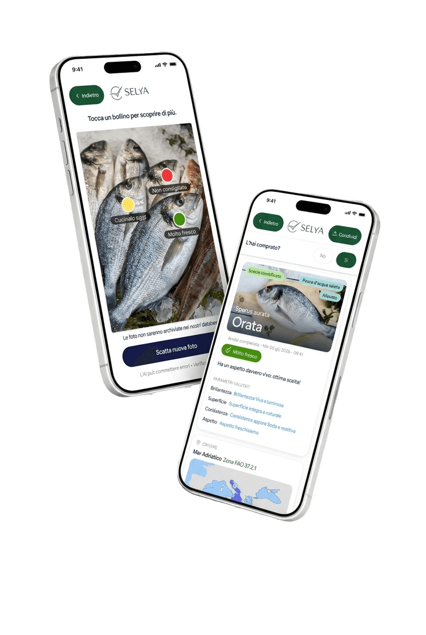 L'app Selya: i bollini di freschezza sulla foto di un banco del pesce e la scheda di analisi di un'orata