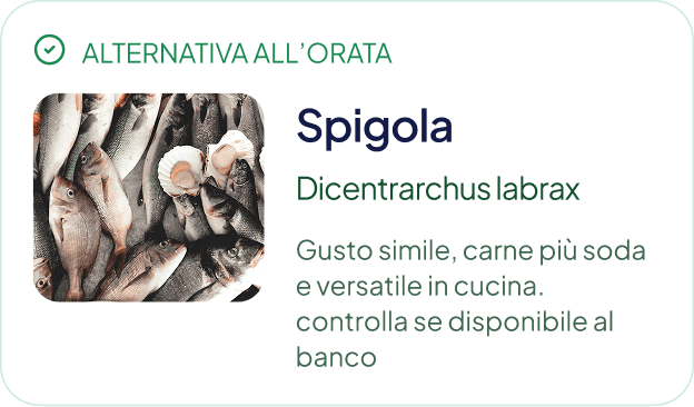La card Alternative nell'app: la spigola proposta come alternativa all'orata