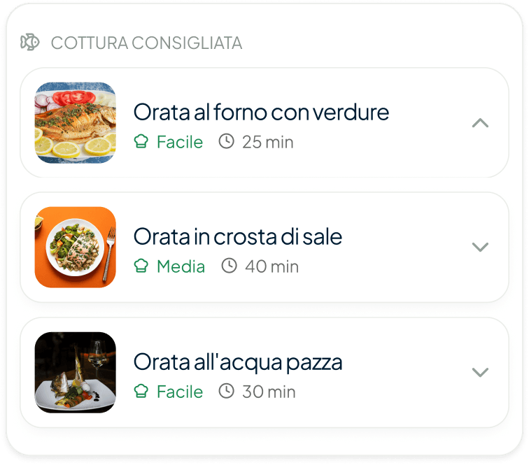 La card Cottura consigliata nell'app: tre ricette per l'orata, con difficoltà e tempi di preparazione