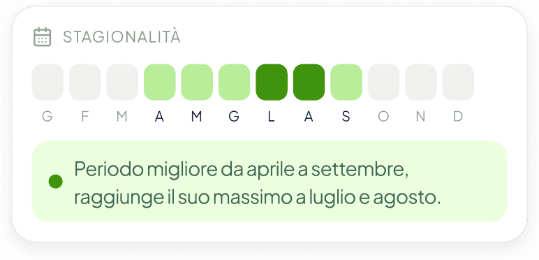 La card Stagionalità nell'app: i dodici mesi dell'anno, con il periodo migliore da aprile a settembre